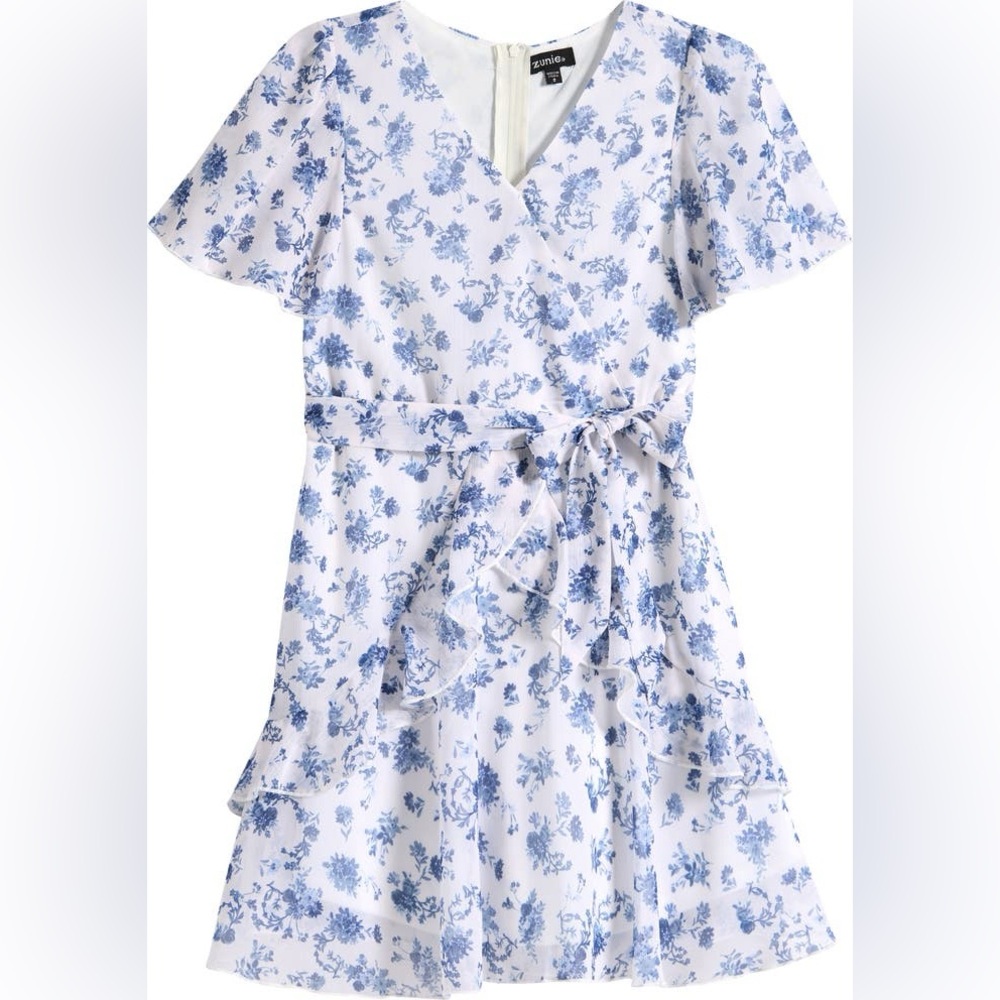 Zunie Kids Flutter Sleeve Faux Wrap Party Dress Blue/Ivory Girls Size 14 NWOT